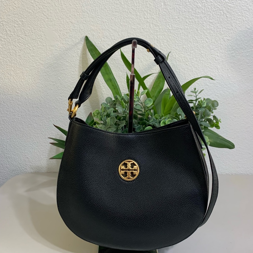 Tory Burch Black Pebbled Leather Hobo with Gold Logo